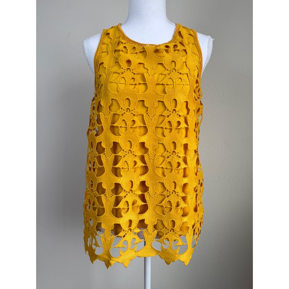 LOFT Womens Rayon Tank Top M Yellow Floral Lace Overlay Keyhole Sleeveless Tunic